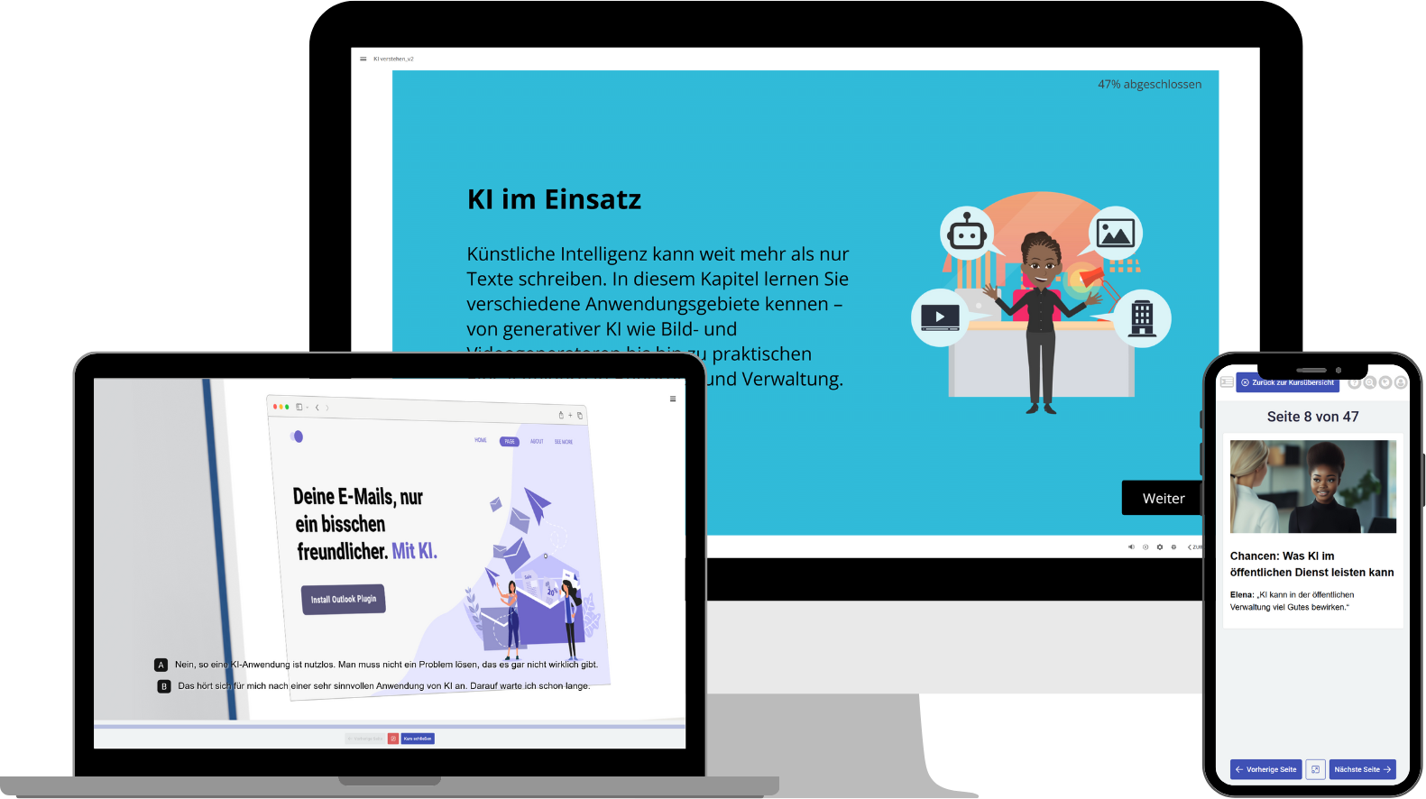 Auf diesem Bild sieht man KI-Trainings auf einem PC, Laptop und Smartphone.