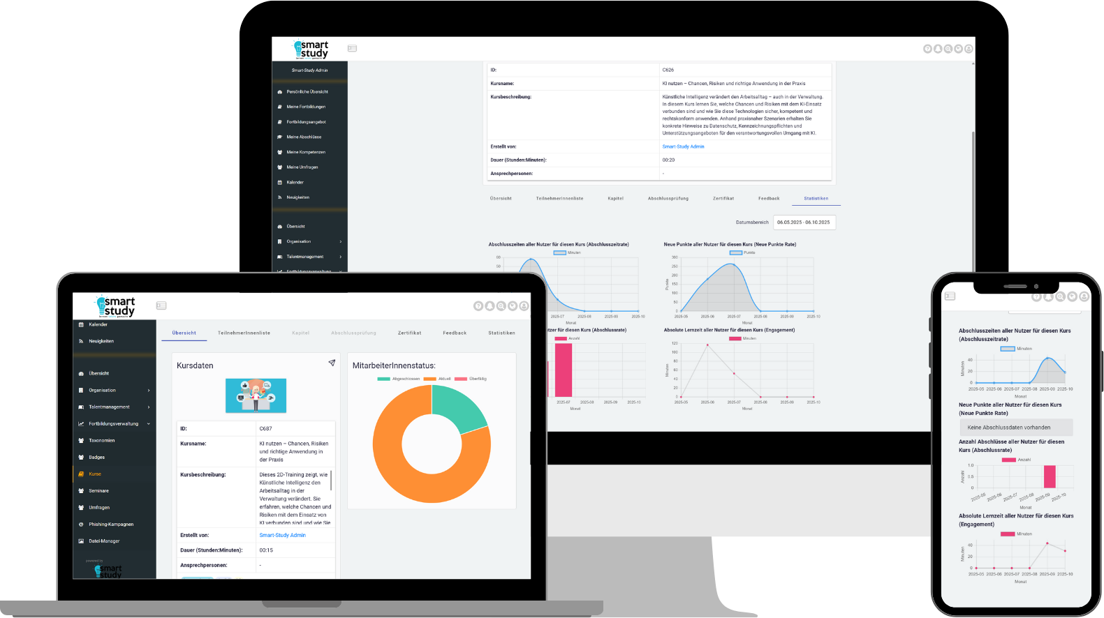 Auf diesem Bild sieht man Trainingsanalysen auf einem PC, Laptop und Smartphone.