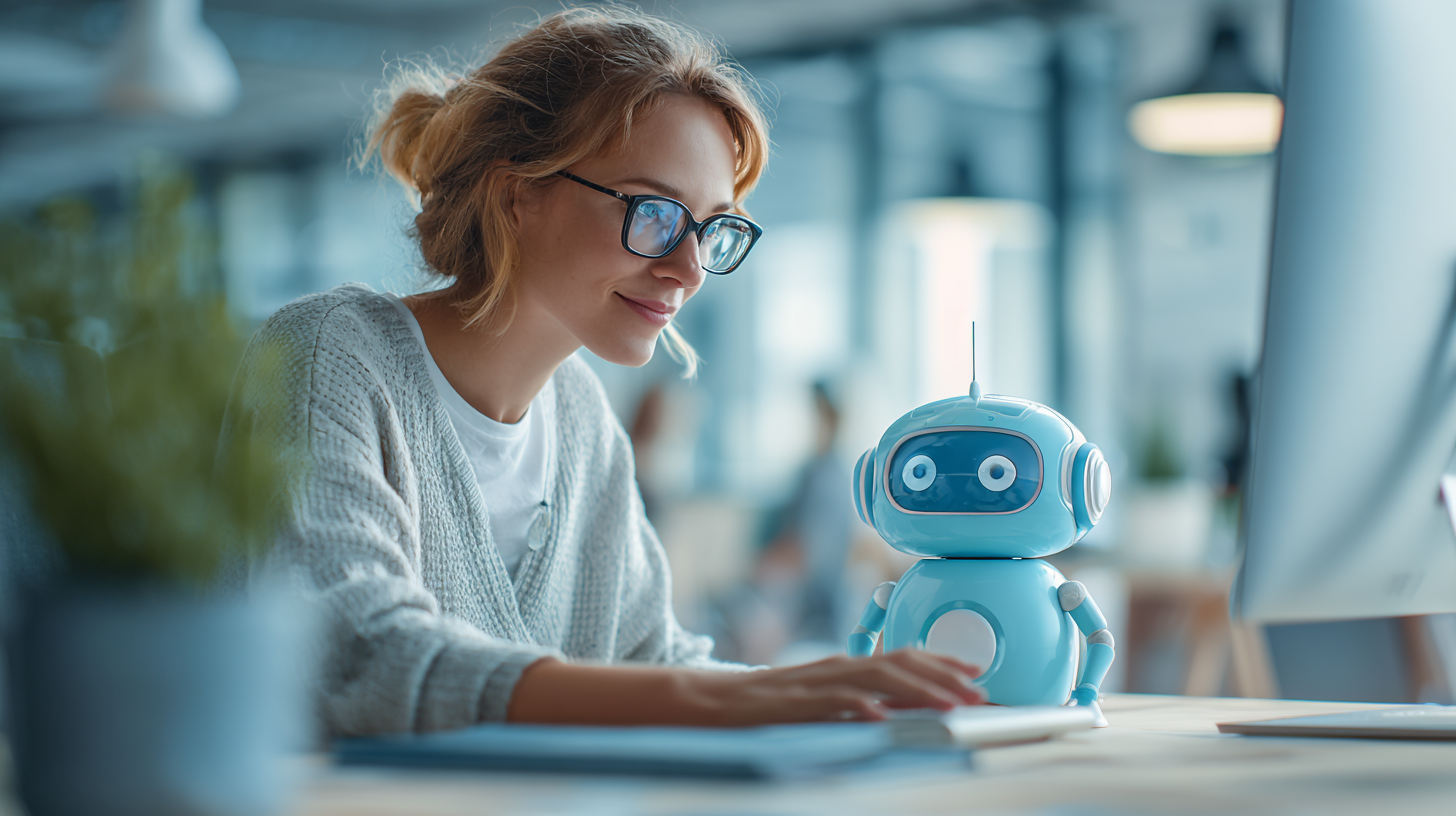 Eine Frau tippt auf einem Laptop. Neben ihr befindet sich ein kleiner Roboter.